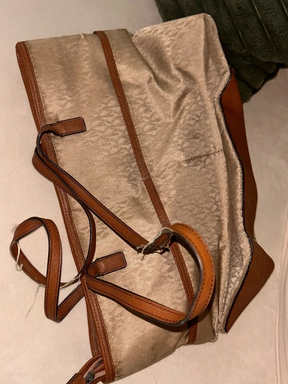 Michael Kors Gold Champagne Tote with Brown Trim and Logo Jacquard